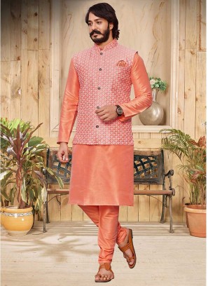 Orange Color Kurta With Jacket Mens