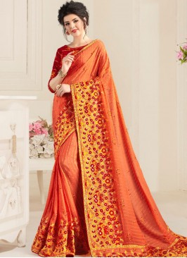 Orange Color Natural Fabric Fancy Saree