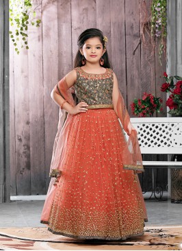 Orange Color Net Sequins Work Baby Girl Lehenga