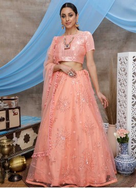 Orange Color Net Wedding Wear Lehenga