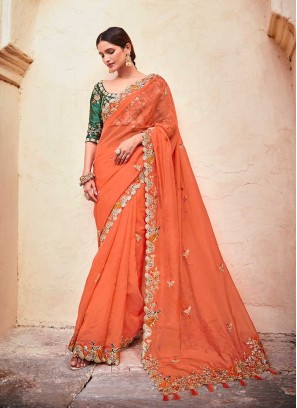 Orange Color Organza Embroidered Saree