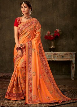 Orange Color Poly Silk Saree With Unstitched Blouse