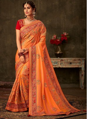 Orange Color Poly Silk Saree With Unstitched Blouse