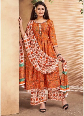 Orange Color Printed Maslin Readymade Suit