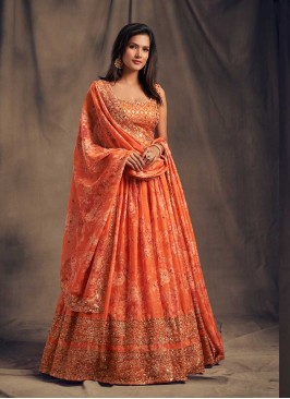 Orange Color Printed Party Wear Lehenga