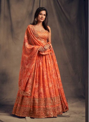 Orange Color Printed Party Wear Lehenga