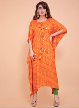 Orange Color Rayon Foil Printed Kaftan