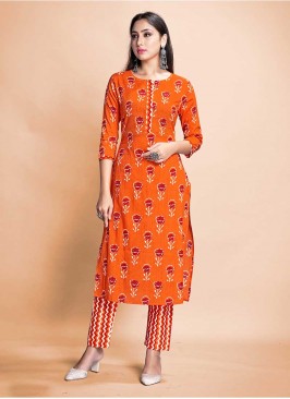 Orange Color Rayon Kurti With Pant