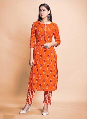 Orange Color Rayon Kurti With Pant