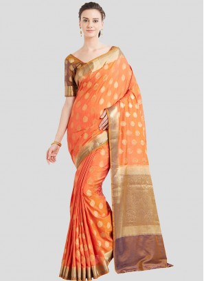Orange Color Saree In Banarasi Silk