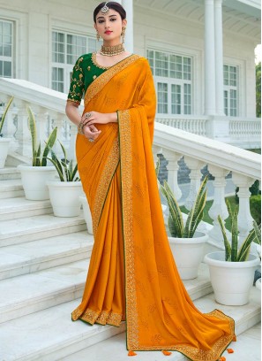 Orange Color Satin Chiffon New Design Saree