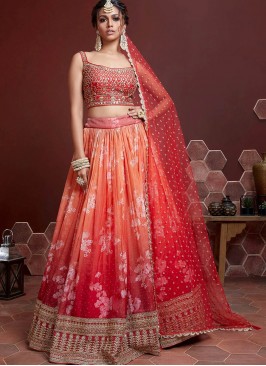 Orange Color Silk Digital Print Lehenga