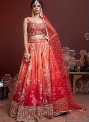 Orange Color Silk Digital Print Lehenga