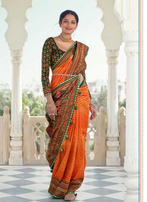 Orange Color Silk Printed Saree