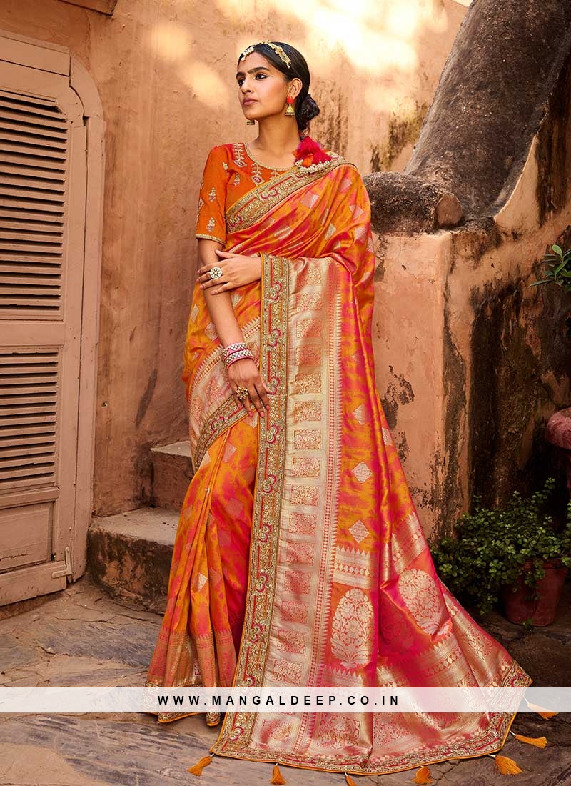 Tan Orange and Pink Woven Kanjivaram Silk Saree – MySilkLove