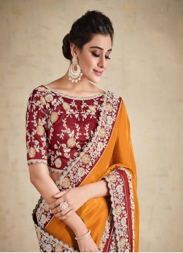 Orange Colour Flora Embroidery Work Saree