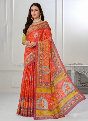 Orange Digital Print Saree