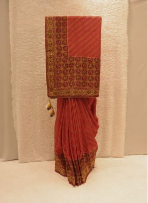 Orange Dola Silk Classic Saree With Thread Work For Ceremonial