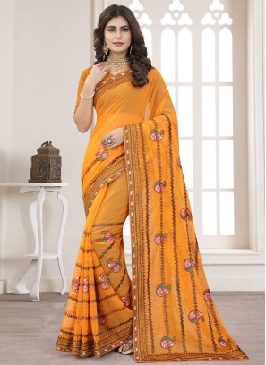 Orange Embroidered Classic Saree