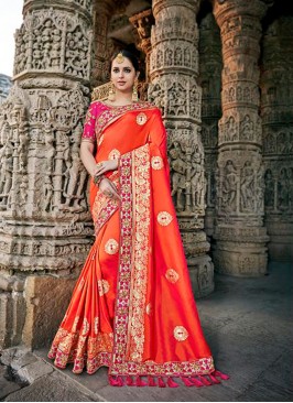 Orange Embroidered Designer Traditional Saree