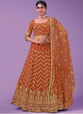 Orange Georgette Sequins Designer Long Lehenga Cho