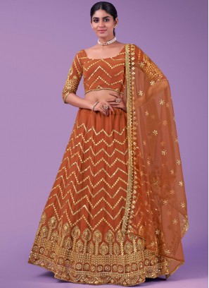 Orange Georgette Sequins Designer Long Lehenga Choli