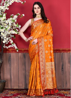 Orange Katan Silk Mehndi Contemporary Style Saree