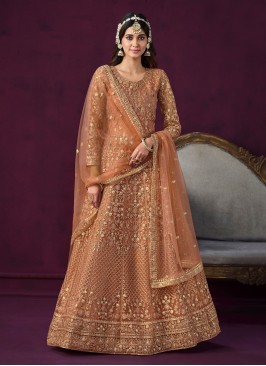 Orange Net Embroidered Anarkali Salwar Kameez