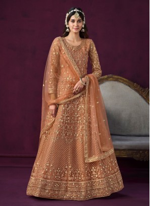 Orange Net Embroidered Anarkali Salwar Kameez