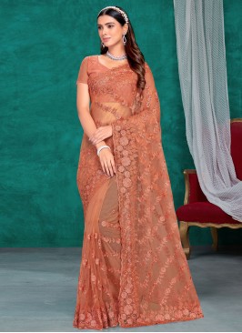 Orange Party Net Designer Saree