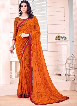 Orange Printed Georgette Saree With Blouse