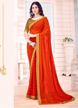 Orange Printed Georgette Saree With Blouse