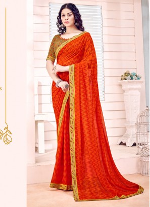 Orange Printed Georgette Saree With Blouse