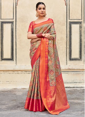Orange Pure Silk Contemporary Style Saree