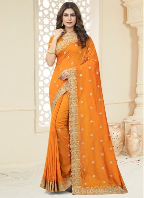 Orange Sangeet Vichitra Silk Contemporary Saree