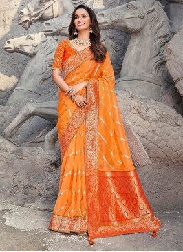 Orange Silk Ceremonial Designer Traditional Saree