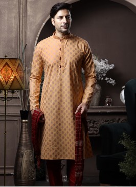 Peach Silk Kurta Pajama with Marron ArtSilk Trouse