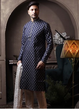 Navy Blue Silk Kurta Pajama with Off White ArtSilk Trouser.