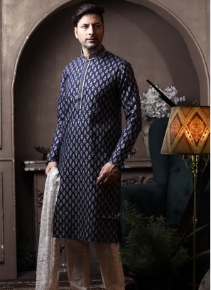 Navy Blue Silk Kurta Pajama with Off White ArtSilk Trouser.