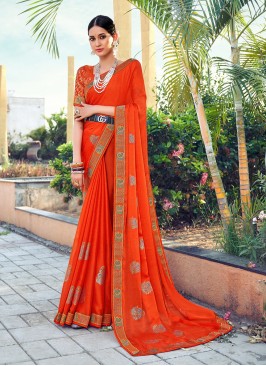 Orange Silk Printed Trendy Saree
