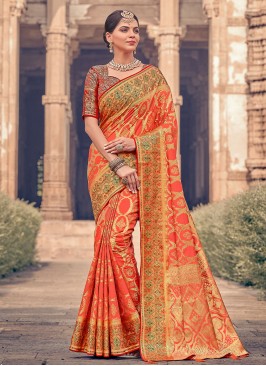 Orange Silk Wedding Contemporary Saree
