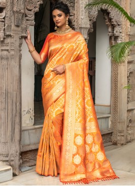 Orange Weaving Banarasi Silk Designer Traditional Saree
