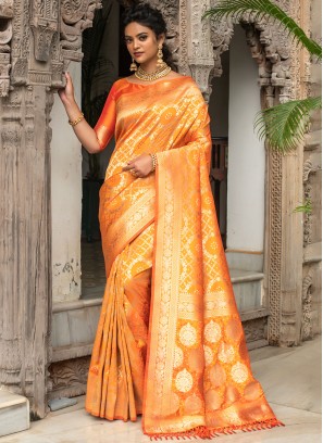 Orange Weaving Banarasi Silk Designer Traditional Saree