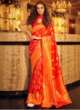 Orange Weaving Handloom silk Classic Saree