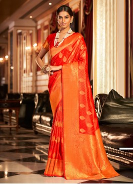 Orange Weaving Handloom silk Designer Saree