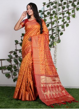 Orange Weaving Pure Silk Contemporary Saree