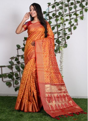 Orange Weaving Pure Silk Contemporary Saree