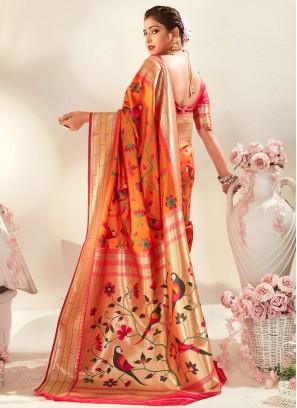 Orange Weaving Wedding Trendy Saree