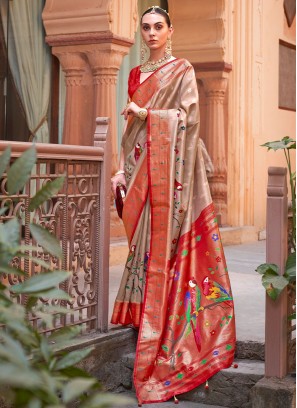 Orange Woven Silk Trendy Saree