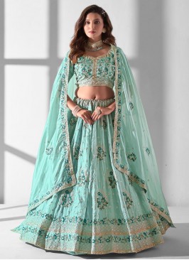 Organza Aqua Blue A Line Lehenga Choli